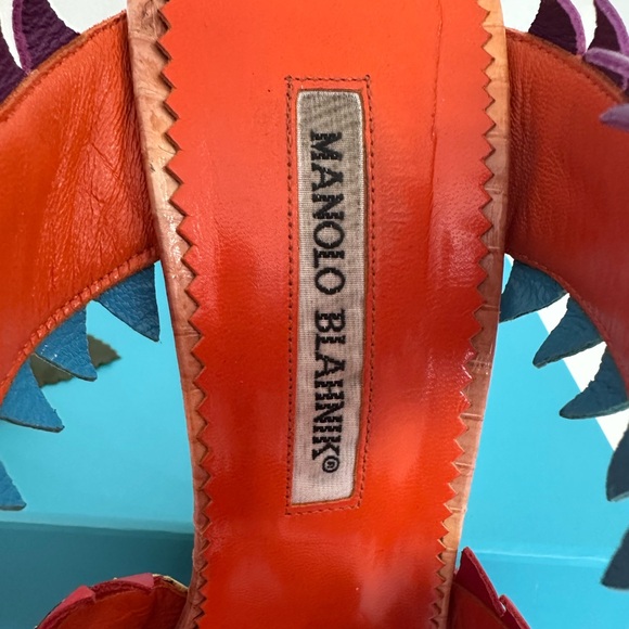 MANOLO BLAHNIK ~ Multicolor Leather and Snakeskin Mule Sandal w/Shark-Bite Trim - Picture 8 of 10